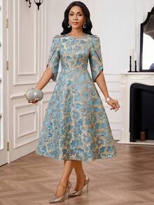 SHEIN Lady Đầm dài nữ thanh lịch cổ tròn thắt eo bằng vải jacquard, thích hợp cho mùa hè. - Màu xanh nước - Xem 7