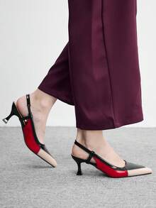 CUCCOO BIZCHIC 女鞋 时尚尖头多色拼接撞色猫跟中跟后跟带女式高跟鞋 日常百搭通勤工作女鞋 - 黑紅白 - 查看 3