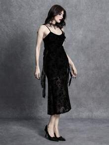 Glisette Women's Summer Elegant Goth Mesh Patchwork Ruffle Hem Backless Mid-Length Dress Party Evening Night Out Black - Black - View 6