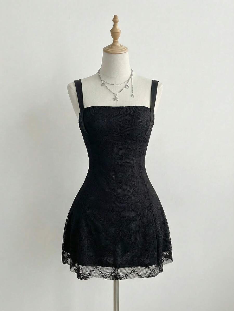 SHEIN PETITE 女士性感蕾丝露背系带迷你连衣裙，薄纱夏季款 - 黑色 - 查看 1