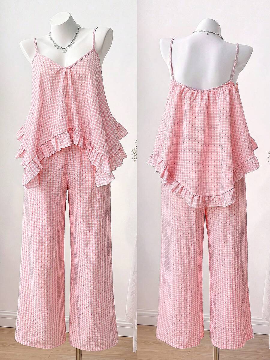 SHEIN Sweetro Conjunto de 2 piezas de estilo dulce y suave con camiseta de tirantes con volantes a lunares y cuadros rosas + pantalones anchos de pierna ancha, para verano - Rosa Pálido - Ver 1