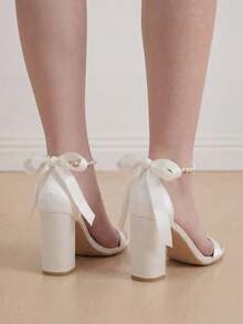Eladyva Summer Fashion Pearl Bow Wedding Party Shoes, Sexy Round Toe Soft Leather Thick Heel White Sandals, Elegant Minimalist Women High Heel Sandals Spring Shoes Bride Shoes Wedding Shoes Summer Shoes - Apricot - View 2