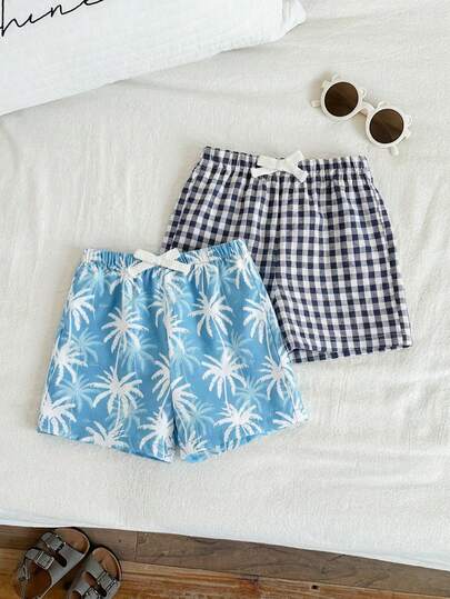 Bộ 2 món quần áo trẻ em unisex, quần short cạp chun in hình cây cọ và kẻ caro dễ thương, đa năng cho kỳ nghỉ hè, nhiều màu sắc, bộ 2 quần short, quần đi biển, mùa hè