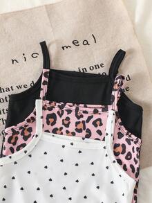 SHEIN Bộ đồ đôi cho bé gái và mẹ, kiểu dáng thường ngày, dễ phối đồ, gồm áo hai dây và quần legging ôm sát, chất liệu gân, màu đen + xám tro + họa tiết da báo. - Nhiều màu - Xem 6
