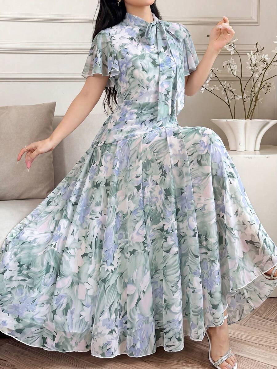 Modelyn 女士荷叶边领带腰部喇叭裙摆泡泡袖连衣裙 - 綠色 - 查看 1