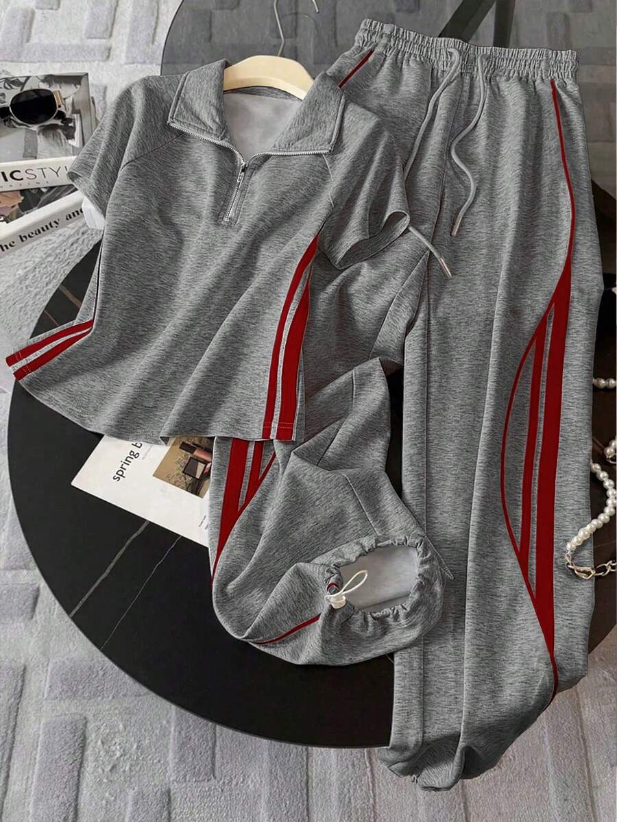 Resyla Stand Collar Raglan Short Sleeve Top + Casual Pants Set - Dark Grey - View 1