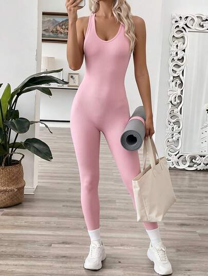 Breezaya Bộ đồ liền thân thể thao hở lưng đơn giản màu trơn gợi cảm không tay cho nữ