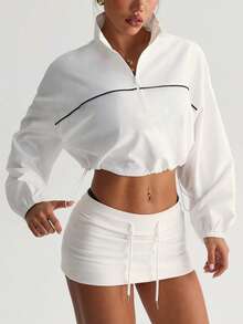 Breezaya Women's Loose Fit Zip-Up Sweatshirt For Autumn/Winter, White Color Block Design, Long Sleeve, Drawstring Hem, Suitable For Daily Casual Wear, Running, Yoga, Gym, Tennis, Golf - White - View 6