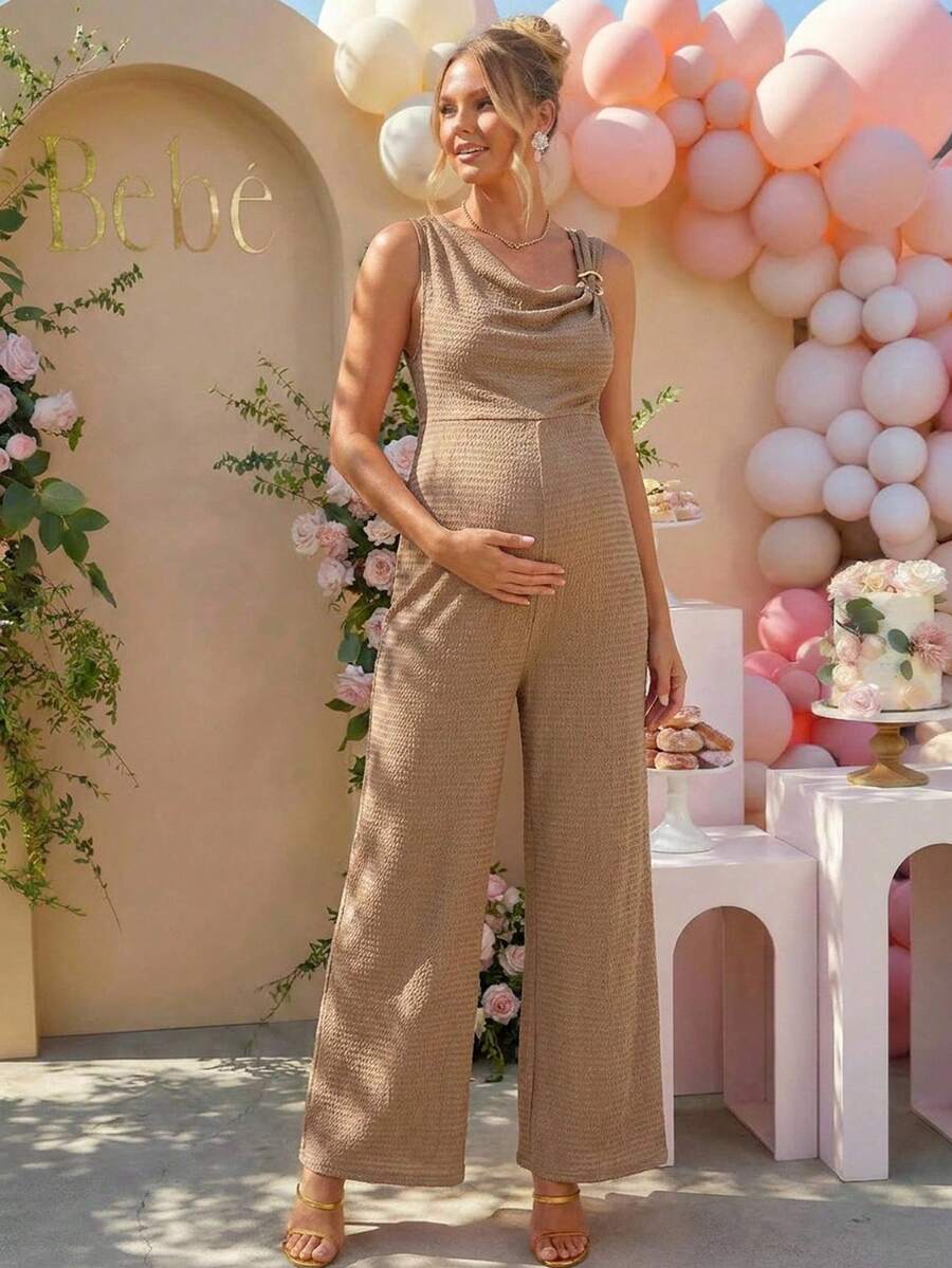 Loomaby Pregnant Women's Solid Color Textured Draped Neck Sleeveless Casual Jumpsuit, Comfortable For Summer
