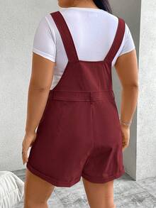 Flirla Plus Size Women Solid Color Pocket Casual Versatile Daily Wear Bib Shorts - Burgundy - View 2