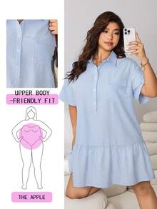 Solflare Frühlings-/Sommer-Neuheit Lässig Alltagskleid, geeignet für Partys, Pendeln, Hochzeiten, Musikfestivals, Schulanfang, Abschluss, Strandurlaub, Streetwear, Loungewear, Einkaufsbummel, Stadtbummel, Mehrzweckkleidung, kann allein oder in Lagen getragen werden, blau gestreifter Webstoff, halboffen Knopfleiste, Pattentaschen, Rüschensaum, Kurzarm, Hemdstil, Crop, locker, Große Größen - Blau-Weiß - Übersicht 1