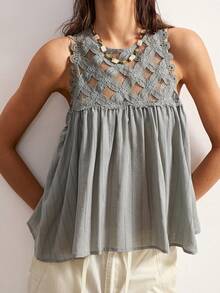 Bohemela Women's Solid Color Lace Ruffle Casual Versatile Daily Wear Top - Grey - View 3