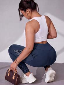 Slayform Slayform Plus Size Women's Asymmetrical Functional Leggings, Tight-Fitting, Tummy Control Pockets, Mesh & Fleece Fabric Long Pants Yoga Pants Sports - Navy Blue - View 1