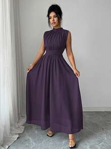 Elenzga Women's Dark Purple Summer Elegant Wedding Chiffon Maxi Dress,French Stand Collar Criss-Cross Tie Waist A-Line Sleeveless Lined Party Dress - Bold Plum - View 7