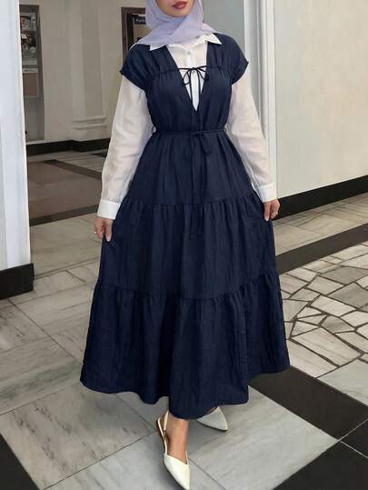 Mulvari 女士纯色荷叶边系带连衣裙