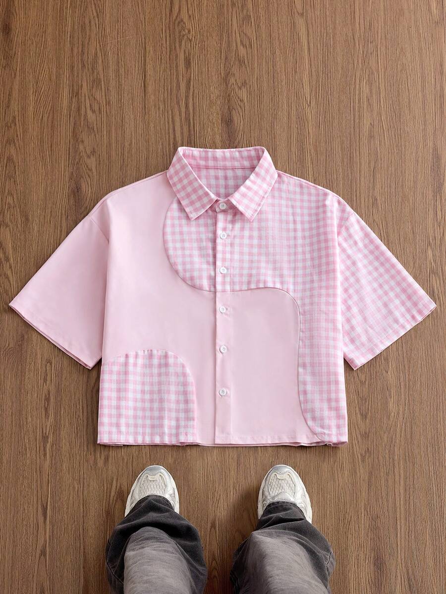 EASEVO Men's Patchwork Plaid Short Sleeve Single Breasted Casual Shirt, Vacation, Father's Day Gifts Holiday Pink And White Summer - Pink - View 1