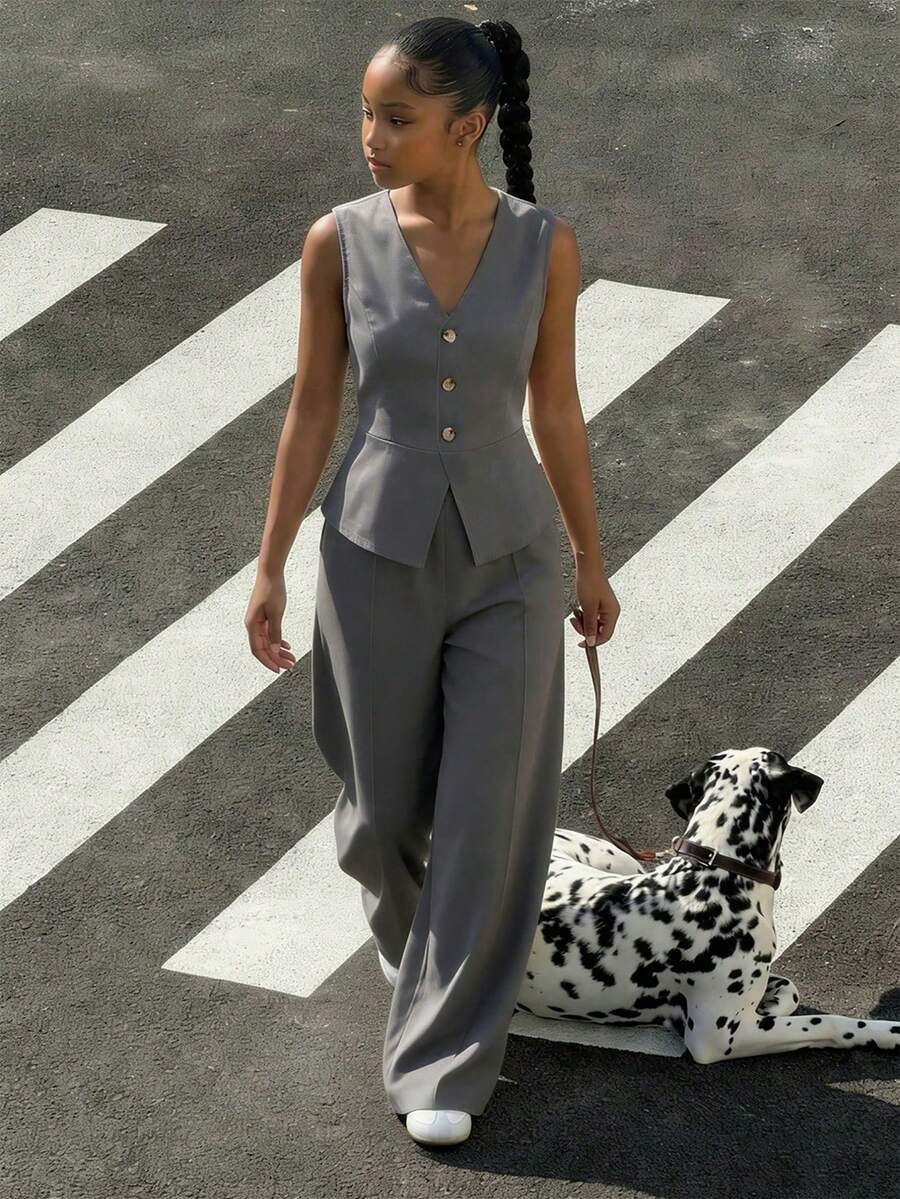 Teen Girl's Spring/Summer Elegant Commute School Formal Open-Front Sleeveless Suit Vest + Loose Straight-Leg Trousers Woven Solid Color Suit - Dark Grey - View 1