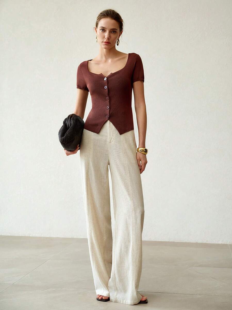 MOTF PREMIUM BLUSA DE PUNTO AJUSTADA DE CUELLO MUESCA DE UN SOLO ABOTONADO - Marrón - Ver 1