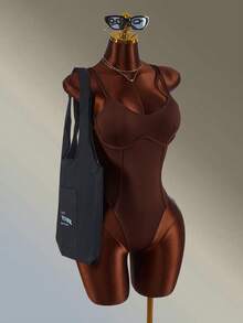 Amplova Solid Color Spaghetti Strap Sleeveless Fitted Jumpsuit, Summer Brown Going Out Workout Exercise, Fitness, Running Summer Autumn Gym Backless Sexy Daily Wear - Brown - View 10
