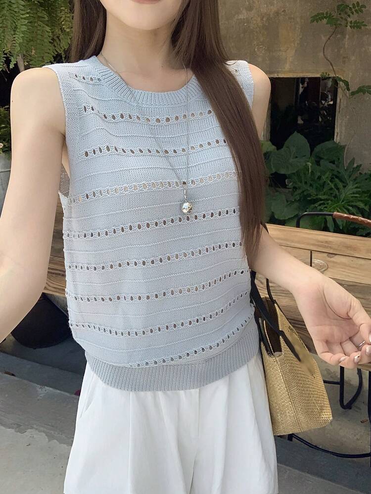 Striped Hollow-Out Sleeveless Round Neck Knit Tank Top, Casual Summer Vacation Knit Blouse For Women