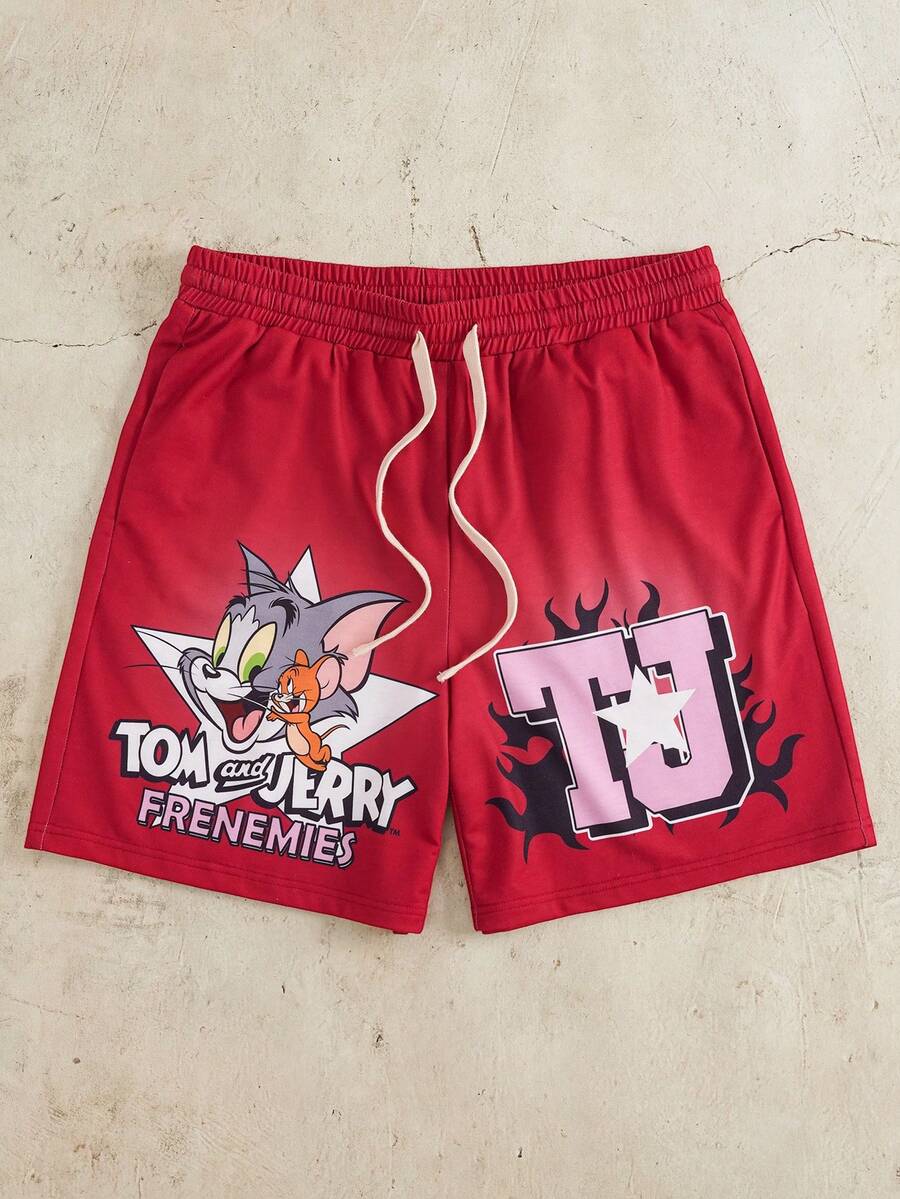 TOM & JERRY X SHEIN Quần short nam in chữ, cạp chun, kiểu dáng thường ngày. - Màu Đỏ Sâu - Xem 1