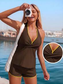 Swim Lushoire Bộ bikini hai mảnh màu trơn dành cho nữ, kiểu áo hai dây và dây chéo phía trước, thoải mái và phù hợp cho kỳ nghỉ hè ở bãi biển. - Cà phê nâu - Xem 3