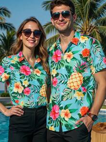 HIMLAND Men's Floral & Pineapple Print Single-Breasted Casual Versatile Daily Wear Short Sleeve Shirt, Vacation, Father's Day Gifts - Multicolor - View 6