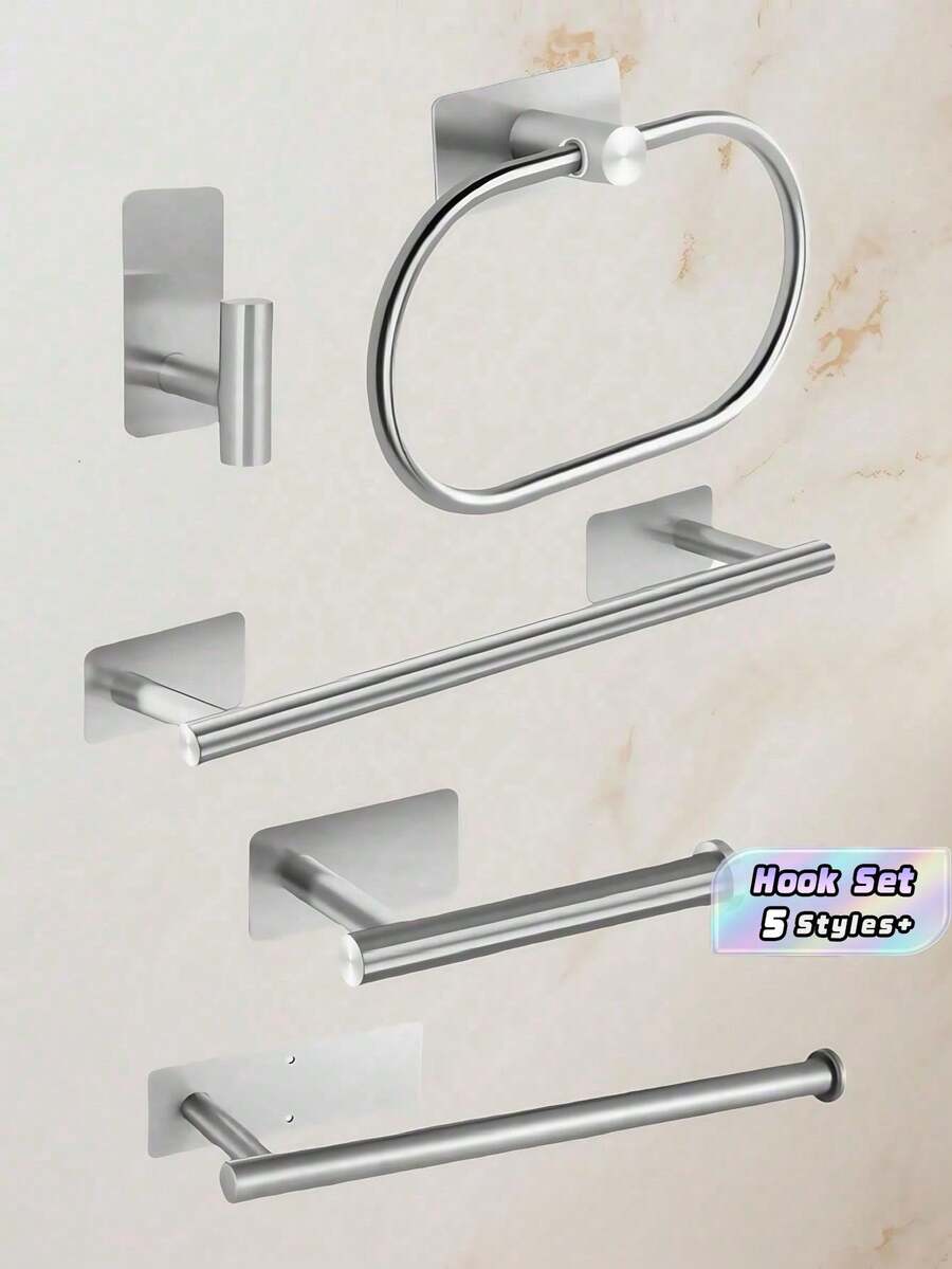 1pc Stainless Steel Bathroom Accessories Set, Towel Bar, Towel Ring, Clothes Hook, Toilet Paper Holder, Wall Mounted - Silver - View 1