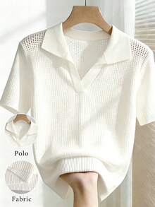 SHEIN Franclia 女士春夏镂空 Polo 领针织短袖白色优雅修身百搭通勤轻薄针织上衣，白色衬衫，夏季度假装，女士优雅上衣，女士休闲服饰 - 白色 - 查看 3