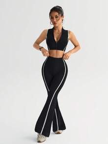 SHEIN Dewbera 一套女士运动服套装，撞色设计，拉链，喇叭裤腿，修身显瘦，适合跑步、健身、锻炼、运动、瑜伽 - 黑色 - 查看 3