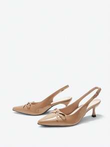 Eladyva Summer Elegant Bowknot Pointed Toe Stiletto Sandals, Sexy Party Dress Shoes For Commuting, Nightclub, Wedding, Outdoor, Buckle Strap Kitten Heels - Apricot - View 7
