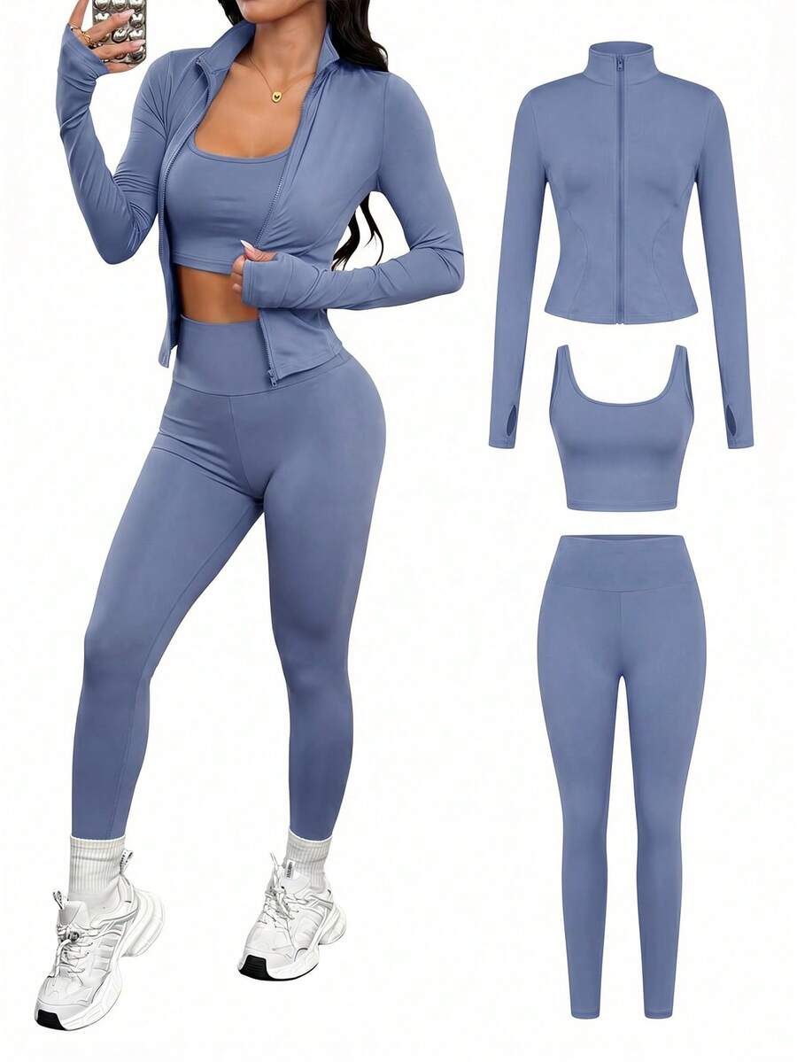 SHEIN PETITE 3件套棕色针织女式运动套装,适合瑜伽、跑步、健身、日常穿着,秋冬季适用。 - 霧霾藍 - 查看 1
