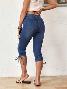 SHEIN LUNE Jeans de mezclilla de 3/4 de longitud, con cordón, fruncido y retorcido, para uso casual y de oficina para mujeres - Azul - Ver 8