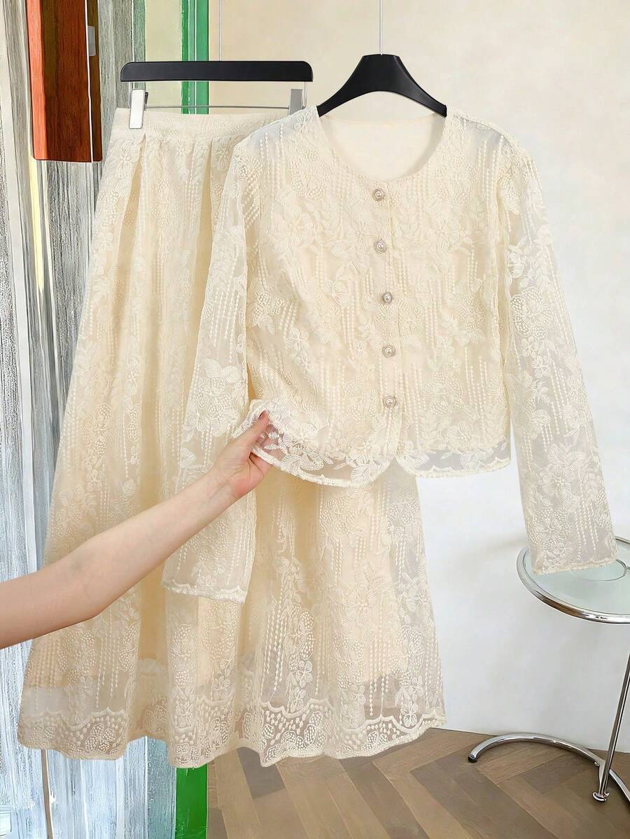 Seusyu White Summer Elegant Tea Party Lace Blouse Paired With Skirt,Long Sleeve Pocket Button Elastic Waist Luxury High-End Plus Size Women 2-Piece Set Fall - Apricot - View 1