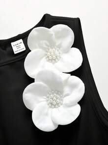 SHEIN Girlism 少女黑色优雅3D立体花卉装饰收腰无袖连衣裙，正式场合穿着 - 黑色 - 查看 4