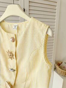 SHEIN Áo sơ mi nữ tuổi teen kiểu dáng thanh lịch, không tay, kẻ sọc vàng trắng, eo thắt và xẻ tà. - Màu vàng - Xem 4