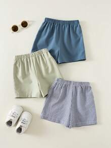 SHEIN Bộ 3 quần short cho bé sơ sinh/trẻ nhỏ, kiểu dáng unisex, màu mơ kẻ caro, màu trơn, sọc, cạp chun, chất liệu mềm mại và thoải mái, thích hợp cho mùa hè. - Nhiều màu - Xem 3