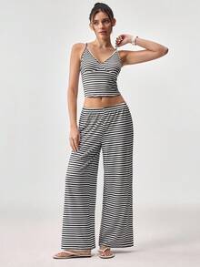 Loungeista Bộ đồ ngủ nữ kẻ sọc cổ chữ V gồm áo hai dây và quần dài, bộ đồ hai mảnh nữ, bộ đồ mặc nhà gợi cảm cho nữ, bộ đồ mặc nhà hai mảnh. - Nhiều màu - Xem 3