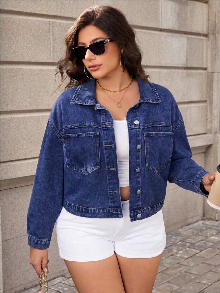 Selenza Áo khoác denim ngắn giản dị cỡ lớn - Rửa tối - Xem 1
