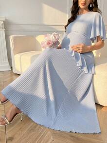 SHEIN Maternity Solid Color Round Neck Ruffle Hem Casual Elegant Photoshoot Dress Dresses For Pregnant Women Outfit Light Blue Summer - Blue - View 2