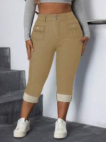 Slaydiva Plus Size Elastic Fashion Flap Pocket Skinny Casual Formal Jeans Khaki Summer - Khaki - View 4
