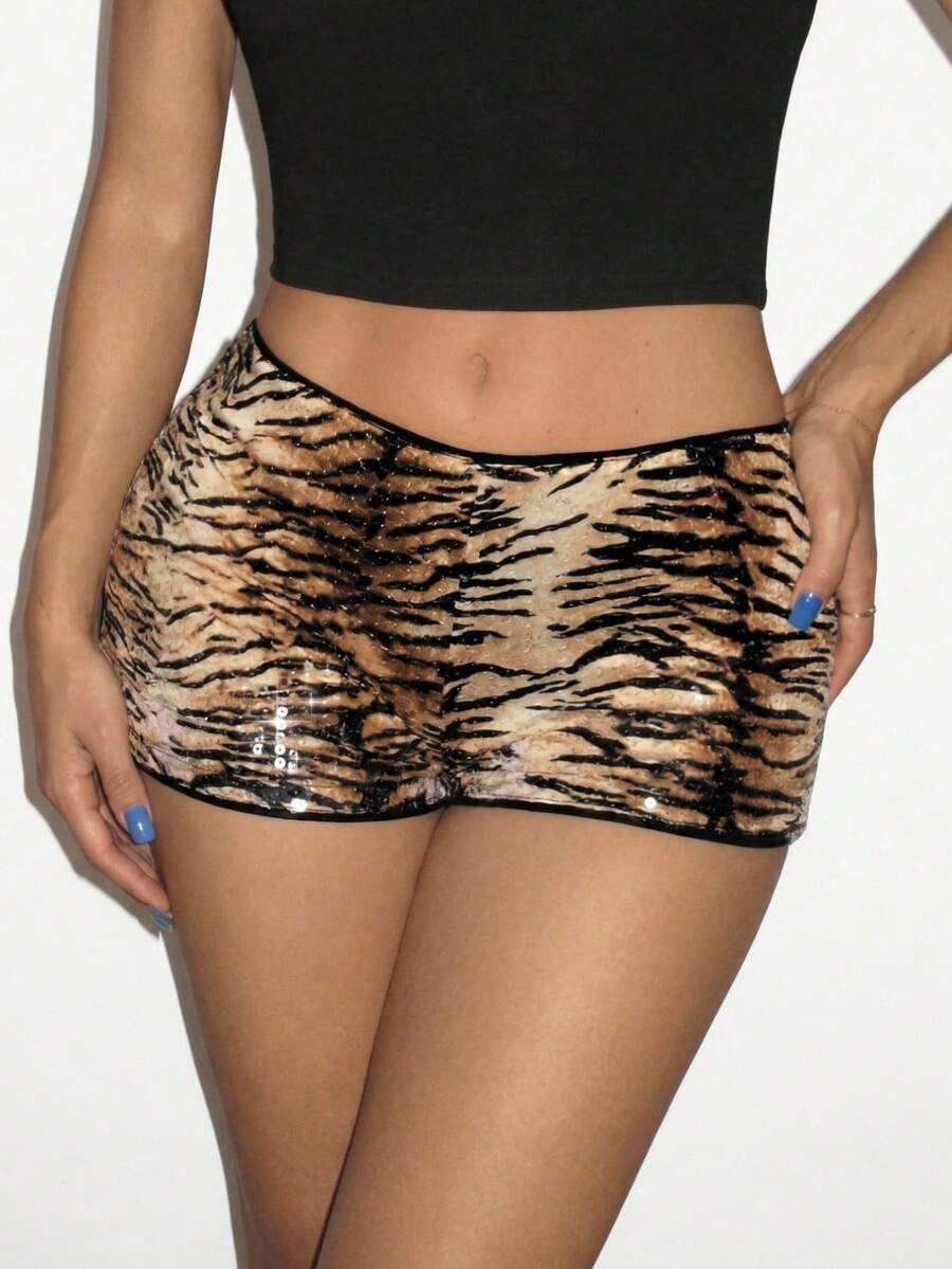 SHEIN EZwear Quần short bó sát nữ đính sequin họa tiết da báo - Màu nâu  Mocha - Xem 1
