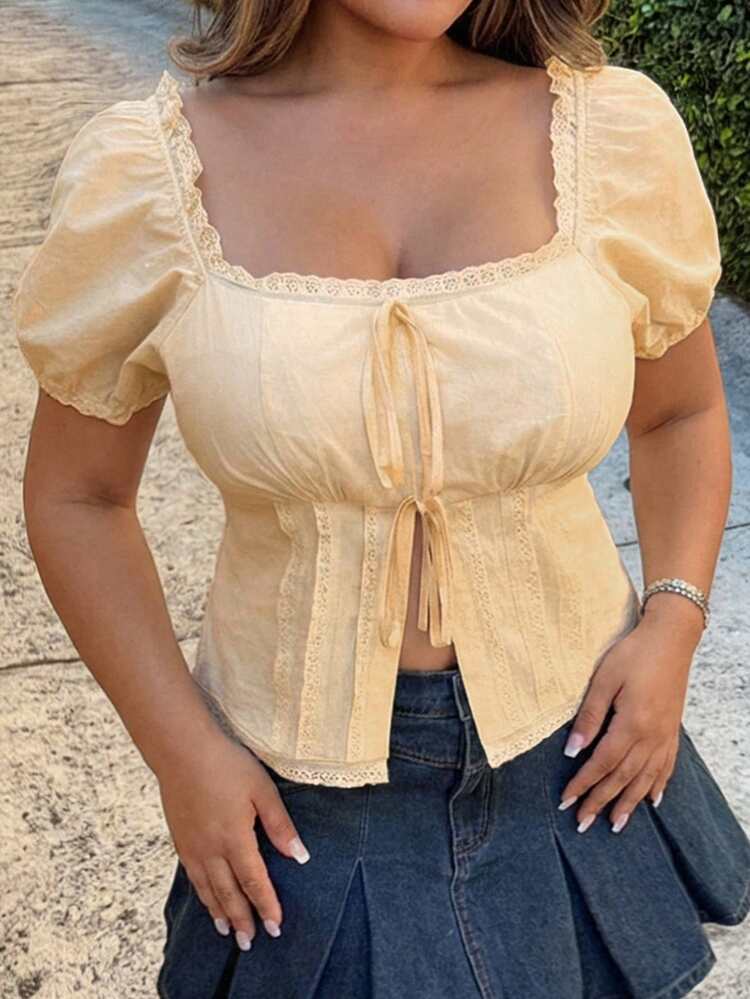 Dazy Plus Plus Size Square Neck Cinched Waist Cropped Slit Short Sleeve Shirt, Yellow, Spring/Summer