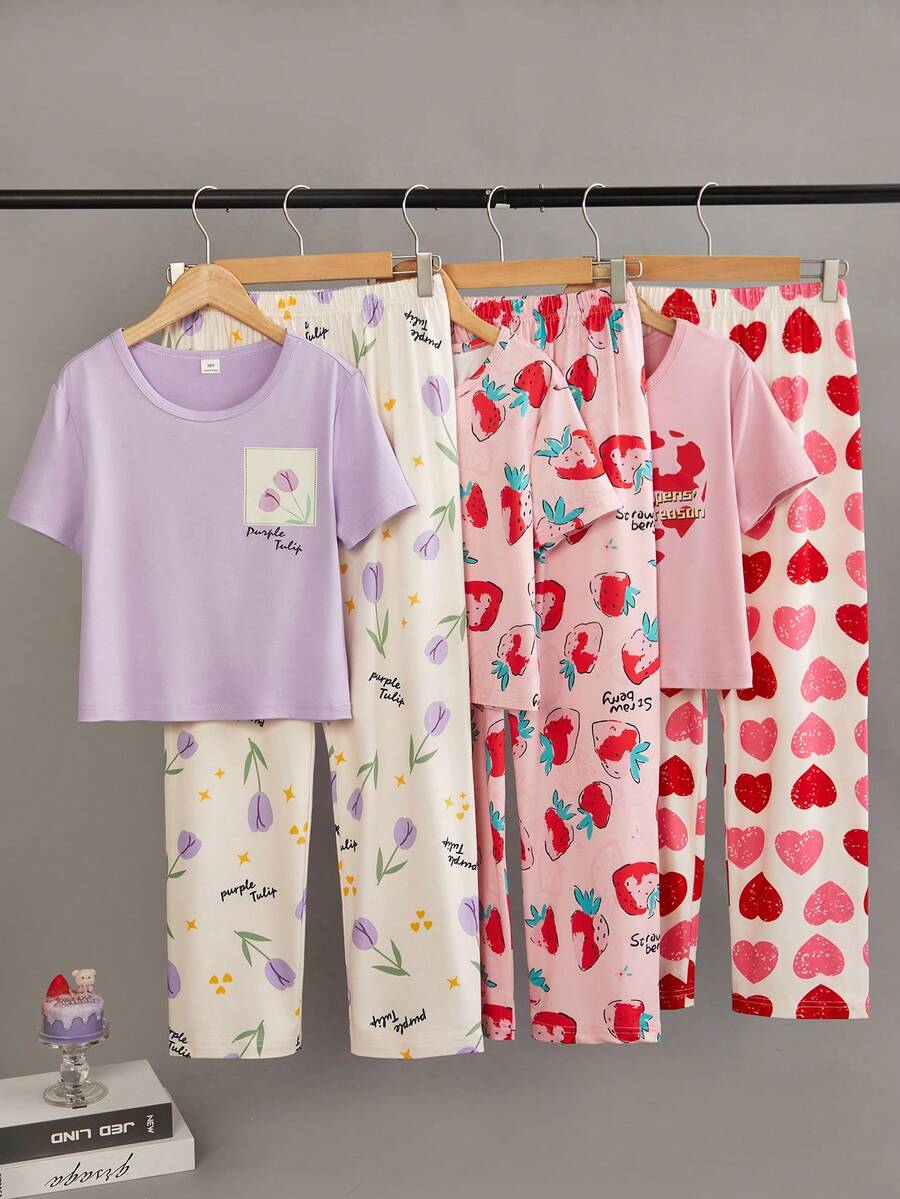 Bộ đồ ngủ 6 món cho bé gái in hình trái tim, dâu tây và hoa tulip, đồ mặc nhà thoải mái. - Nhiều màu - Xem 1