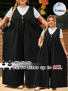 SHEIN CURVE+ Mono sin mangas con bolsillos con lazo delantero para mujer de talla grande, corte holgado - Negro - Ver 11