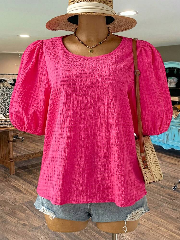 Plus Size Women Petal Sleeve Crinkle Texture Shirt Summer Summer Outfit For Women Festival Outfits For Women Beach Outfits For Women Vacation Outfits Women Holiday Outfits  For Women Country Concert Outfit Summer Tops