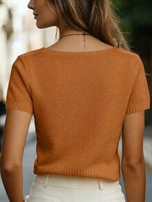 SHEIN Áo len nữ dáng suông, cổ chữ V, tay ngắn, màu mơ, kiểu dáng tối giản, thích hợp mặc hàng ngày. - Rỉ Nâu - Xem 2