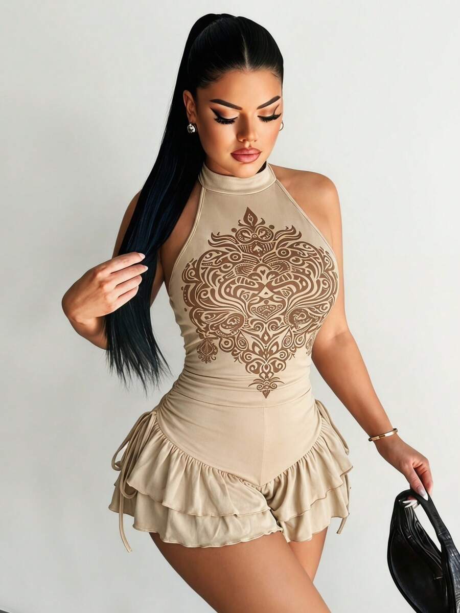 SHEIN SXY Áo liền quần nữ cỡ lớn in hoa, cổ yếm, bèo nhún, buộc dây phía trước, kiểu dáng thường ngày.