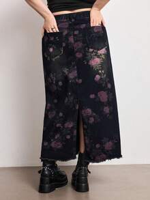 ROMWE Fairycore Chân váy denim cỡ lớn màu đen bạc họa tiết hoa hồng cổ điển, đa năng. - màu đen - Xem 2