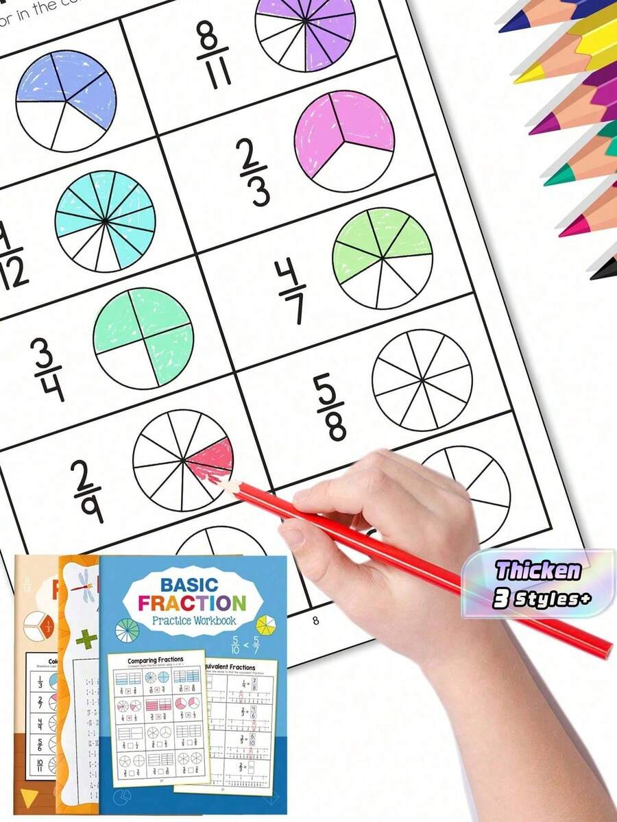 1 pieza Cuaderno de trabajo básico de fracciones para niños, educación preescolar para aprender sobre fracciones de manera superficial a profunda de una manera interesante. Pared de fracciones, gráfico de fracciones, eje de fracciones, comparación de tamaño de fracciones, varias formas de comprensión de fracciones, ejercicios de suma y resta de fracciones, es un muy buen libro de herramienta de aprendizaje de matemáticas para niños. - Multicolor - Ver 1